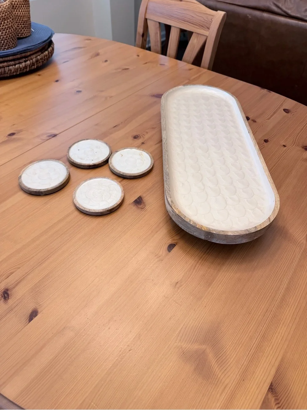 Wooden Elevated Tray with Ceramic Inlay - Cream with matching coasters